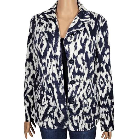 Chico's Women's Three Button Cotton Light Weight Navy/White Blazer Size 1 (8/10) - Picture 1 of 15